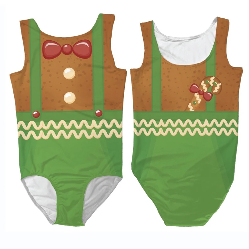 Mt. Logan Gingerbread Kid Print Stretchy Low Back Christmas Print Girls Leotard